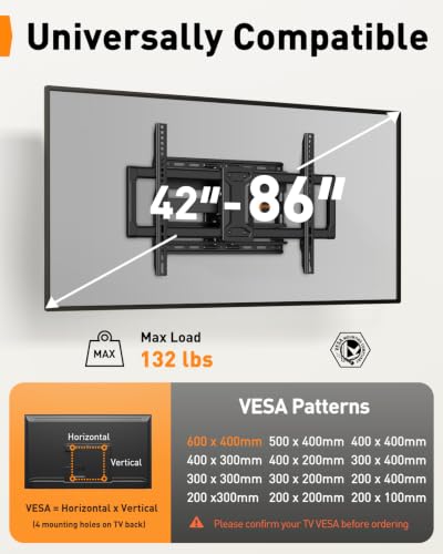 Perlegear Full Motion TV Wall Mount for 42–86 inch TVs up to 132 lbs - size: Fits 42-86" TVs / Max 16" Wood Stud