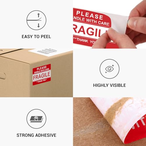 3'' x 2'' Fragile Stickers for Shipping and Moving, 500 Pcs (1 Roll) Handle with Care Fragile Labels Glass Permanent Adhesive Warning Stickers