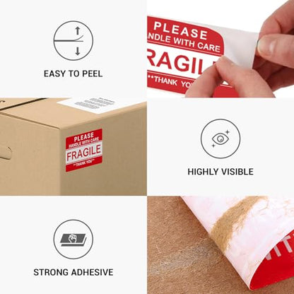 3'' x 2'' Fragile Stickers for Shipping and Moving, 500 Pcs (1 Roll) Handle with Care Fragile Labels Glass Permanent Adhesive Warning Stickers