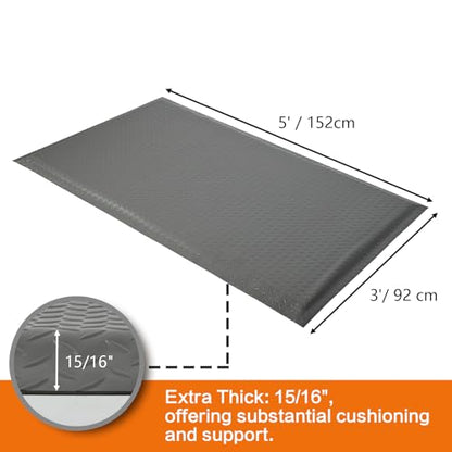 Nisorpa Anti Fatigue Mats Industrial 3' x 5' Ergonomic Standing Mat 15/16" Extra Thick Heavy Duty Commercial Diamond Plate Support Shop Floor Mat for Leg & Back Pain,Grey - size: 3' x 5'