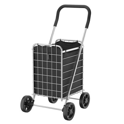 Whitmor Foldable Utility Shopping Cart with Wheels, 60Lb Capacity, Heavy Duty Grocery Cart with Steel Frame, Foam Handle, Rolling Utility Cart for Grocery, Laundry, Travel, Sliver/w Liner - size: 18.5"L x 18.5"W x 35"H，Sliver w/Liner