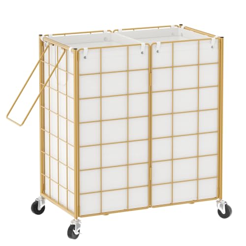 WOWLIVE Double Laundry Hamper with Wheels, Metal Rolling Laundry Basket - color: Golden, size: 120l