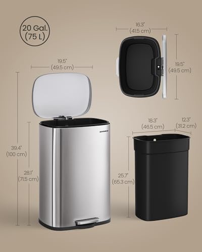 SONGMICS 20 Gallon (75 L) Trash Can, Stainless Steel, Step-On Pedal - color: Silver, size: 20 Gal.