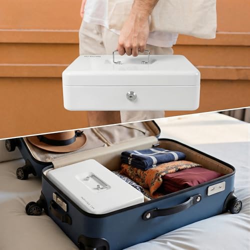 Locking Cash Box with Key Lock and Money Tray, Money Box, Lock Safe Box, Cash Money Lock Safe Box for Cash Register 11.8"x9.45"x3.54" (White Key) - color: White Key