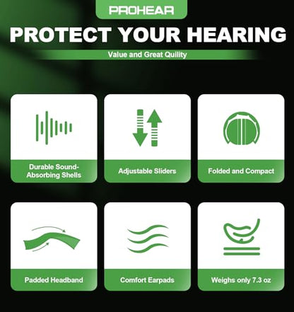 PROHEAR 038 Ear Protection Safety Earmuffs for Mowing, 28dB Noise Reduction Passive Hearing Protector, Compact Foldable Headset for Shooting Construction Power Tools, Green - color: Green