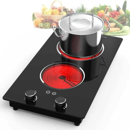 GIHETKUT Electric Cooktop,110V 2100W Electric Stove Top with Knob Control, 10 Power Levels, Kids Lock & Timer, Hot Surface Indicator, Overheat Protection,Built-in Radiant Double induction cooktop - size: 2 burner electric stove
