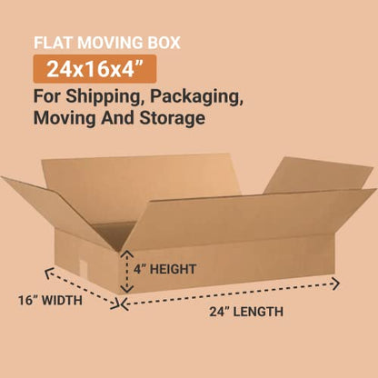 BOX USA 24164 Flat Corrugated Cardboard Box 24" L x 16" W x 4" H, Kraft, For Shipping, Packing and Moving (Pack of 25)