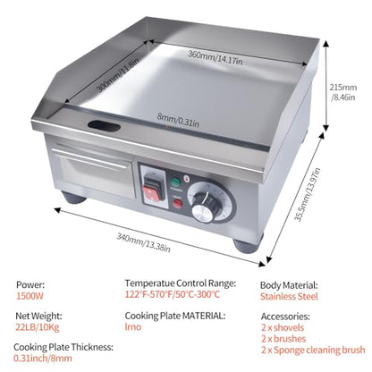 Commercial Electric Griddle, 1500W Countertop Flat Top Grill, 14.2in Stainless Steel Griddle Grill with 2 Shovels and 2 Brushes for Home or Restaurant, 122℉-572 ℉ Adjustable Temp