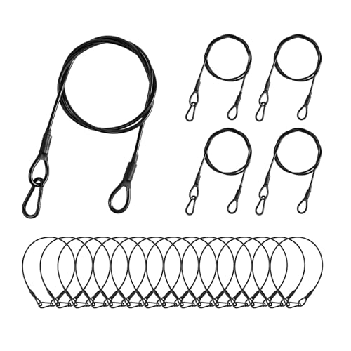 20-Pack Safety Security Cables for DJ Stage Lighting, 2ft Stainless Steel Cable with 5/32" Diameter, Black Ropes with Loops and Carabiner for Safe Attachment - size: 5/32"+2ft+20pcs