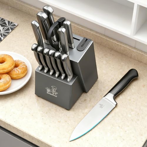 15-Piece Gray Kitchen Knife Set with Block and Sharpener, Dishwasher Safe - color: Gray