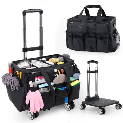 Rolling Cleaning Caddy Bag with Detachable Trolley, Multi-Functional Portable Cleaning Cart Supplies Organizer for Housekeeping and Domestic Cleaning, Cleaning Caddy with Wheels, Black - color: Black
