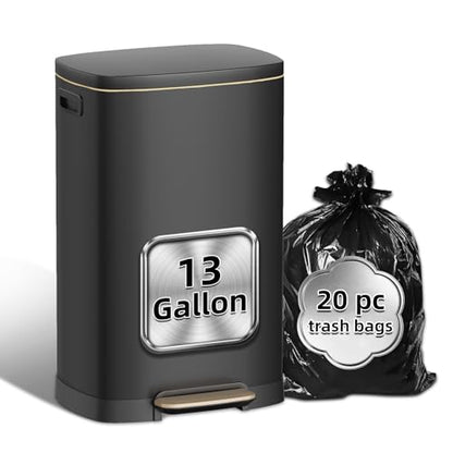 13 Gallon Stainless Steel Trash Can, 50L, Rectangular, Soft-Close Lid, Fingerproof Finish, Hands-Free Operation, Odor Protection,Black - color: Black