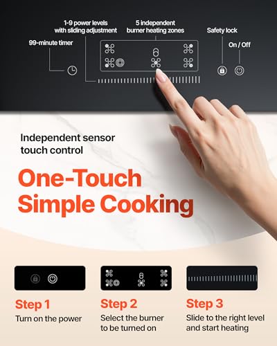 VEVOR Electric Cooktop, 36 inch 5 Burners Built-in Electric Stove Top, 8600W Ceramic Top Radiant Cooktop with Glass Panel, Touch Control, Timer, Child Lock, 9 Heat Level, 220-240V, Hard Wire (No Plug) - size: 36 IN-5 Burner+Touch Control
