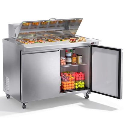 48’’ W Commercial Refrigerator Sandwich Salad Prep Table Refrigerators 2 Door with 18 Pans, Prep Station Fridge for Restaurant, Bars, Shops