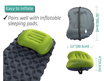 TREKOLOGY Aluft 2.0 Small Inflatable Camping Pillow for Backpacking, Travel - color: Green
