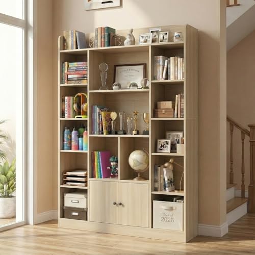DIYART 63" Tall Oak Bookshelf with 14 Cubbies & 2 Cabinets, 5-Tier Large Bookcase, Freestanding Storage Shelf for Living Room, Study, Hallway, Home Office (41.3" W x 63" H) - color: Oak, size: 41.3"W x 63"H