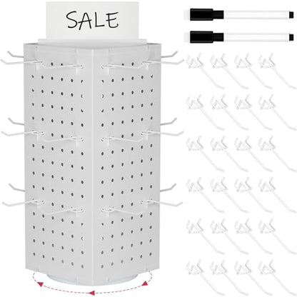 Rotating Pegboard Display Stand With 24 Hooks,Spinning Peg Board Displays,Tabletop Metal Pegboard Shelf for Craft Shows & Fairs, Retail Stores, Vendors Arts and Crafts (White) - color: White