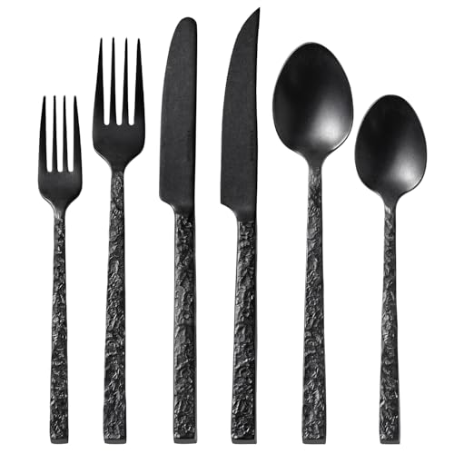 36 Pcs Black Hammered Silverware Set with Steak Knives for 6, 18/10 Steel - color: Black, size: 36-Piece