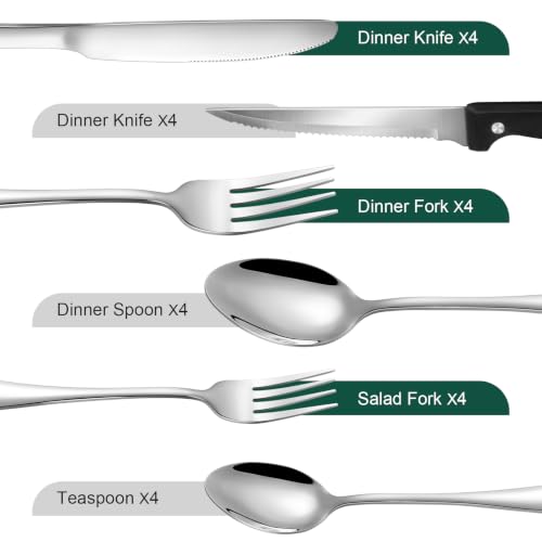 24-Piece Silver Silverware Set with Steak Knives Stainless Steel Flatware Set for 4 Food Grade Tableware Cutlery Set Rust-proof, Mirror Polished, Dishwasher Safe - size: 24Pcs-B