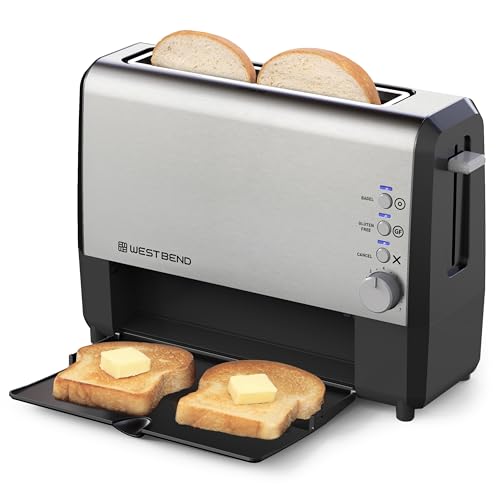 West Bend QuikServe Toaster, 2-Slice Wide-Slot Slide-Through Bread Toaster with Bagel and Gluten-Free Settings and Cool-Touch Exterior Fast Toasting, Includes Removable Serving Tray,1400-Watts, Silver - color: Silver