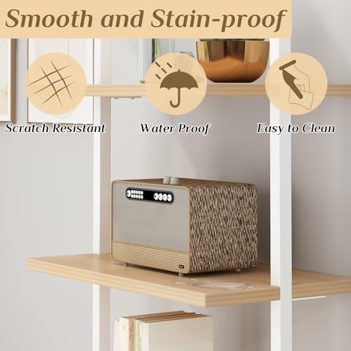 Karl home Oak 5 Tier Wall Mount Ladder Shelf, Metal Frame Open Bookcase - color: Oak
