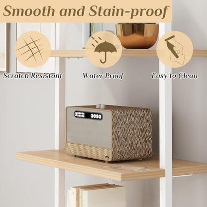 Karl home Oak 5 Tier Wall Mount Ladder Shelf, Metal Frame Open Bookcase - color: Oak