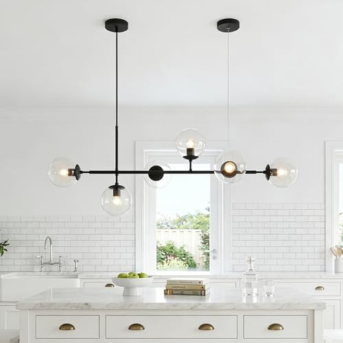 KCO 6-Light Black Linear Sputnik Chandelier Clear Glass Globe Pendant Light - color: Black+Clear