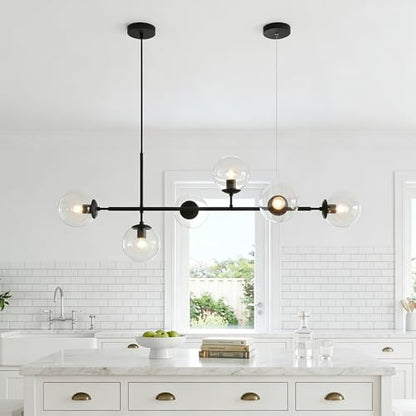 KCO 6-Light Black Linear Sputnik Chandelier Clear Glass Globe Pendant Light - color: Black+Clear