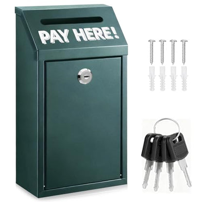 Cash Money Box with Slot – 10.2In Metal Donation Box with Lock for Cash Deposit,Wall Mounted Money Drop with Lock and Slot for Home/Farm/Office/Outdoors(Green) - color: Green