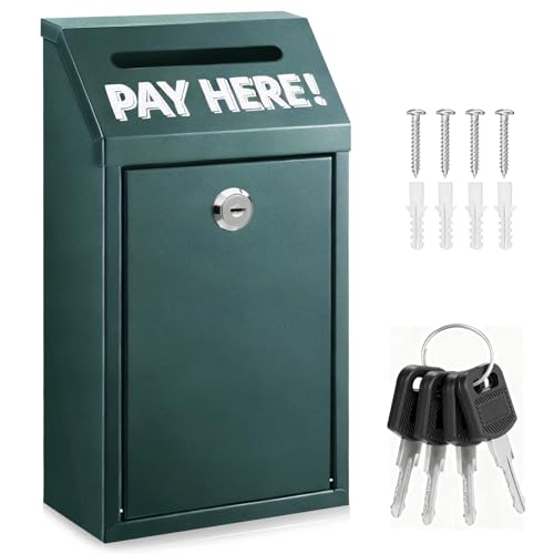 Cash Money Box with Slot – 10.2In Metal Donation Box with Lock for Cash Deposit,Wall Mounted Money Drop with Lock and Slot for Home/Farm/Office/Outdoors(Green) - color: Green