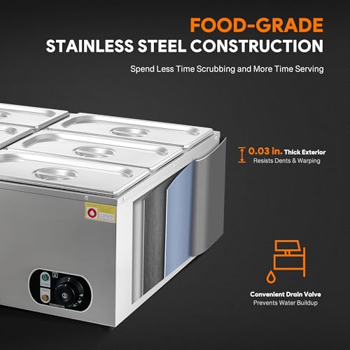 WILPREP Commercial Food Warmer with Six 1/3 Pans, 1500W Countertop Electric Warmer, 86-185°F Adjustable Temp Control & Over-Temp Protection, Stainless Steel Buffet Bain Marie - size: 1/3 pan*6