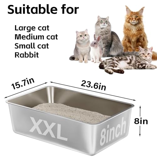 Stainless Steel Litter Box,XXL Metal Cat Litter Box for Big Cats 8IN Deep, Cat LitterBox High Sided Pet Toilet Easy to Clean,Cats Litter Pan for Adult Cats,Non Stick, No Smell - color: 23.6" L x 15.7" W x 8" H