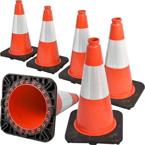 6 Pack 18" Inch Orange PVC Traffic Cones with Heavy-Duty Base, High-Visibility All-Weather Safety Cones for Road Construction, Parking Lot, and Garage Use (6, Orange, 18" Medium) - color: Orange, size: 18" Medium
