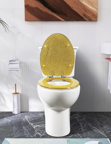 Angol Shiold ELONGATED Gold Glitter Resin Soft Close Toilet Seat 18.5Inch - color: Walnut wood color