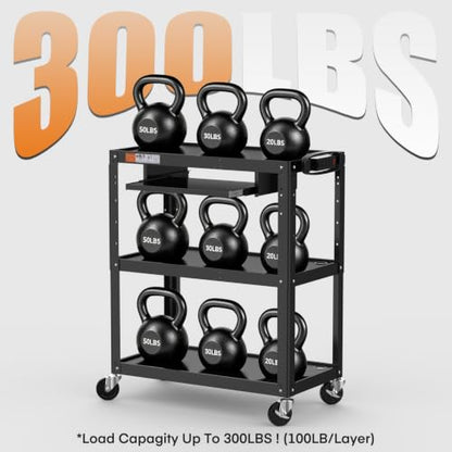 Extra-Large 3-Tier Utility Cart with Built-in Power Strip – Heavy-Duty 14-Gauge Steel Rolling Cart for Office, Workshop, or Classroom – 300 Lb Capacity (34" x 18" x 41.75") - style: Large AV Cart with Keyboard Tray(M-AV-JL)