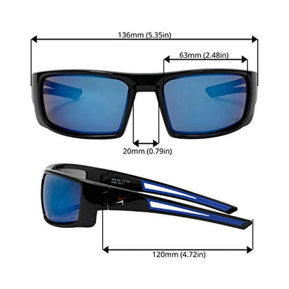 X Power ANSI Z87+ Safety Sunglasses Impact Resistant Polycarbonate Lens & Double Injection Frame - color: 002 Black & Blue Frame / Blue Mirror Lens