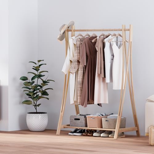 Wooden Retail Display Hanging Clothes Rack with Storage Shelf, 40" W x 57" H Freestanding Heavy Duty Clothing Drying Garment Rack for Hanging Clothes, Coat, Dress, Shirt, Hat - size: 40"W