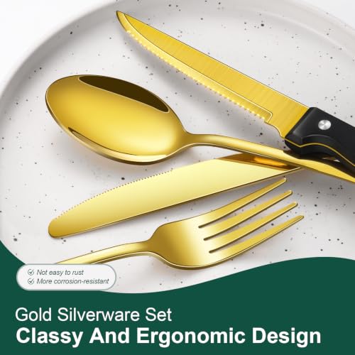24-Piece Gold Silverware Set with Steak Knives Stainless Steel Flatware Set for 4 Food Grade Tableware Cutlery Set Rust-proof, Mirror Polished, Dishwasher Safe - size: 24Pcs-C
