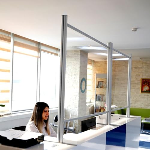 M&T Displays 39.37x39.37 Inch Clear Countertop Cough Barrier Sneeze Guard Desk Divider with Aluminum Bars, Protective Separation Screen Window for Cashiers Workers Employers Customers