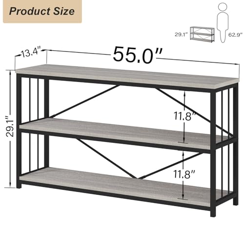HSH Gray Bookshelf, Industrial Wood Metal Long Bookcase with Storage, Open 3 Tier Bookshelves for Bedroom Living Room, Farmhouse Wooden Etagere Book Shelf for Home Office, Light Grey Oak, 55 Inch - color: Light Grey Oak, size: 55 Inch