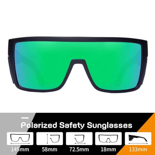 Polarized Safety Sunglasses, UV400 Protection, ANSI Z87.1 Wraparound Protective Eyewear - color: Matte Black Green Mirror