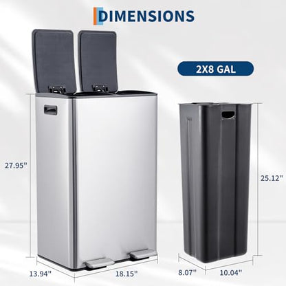 Garvee 16 Gal Dual Compartments Kitchen Trash Can, Stainless Steel, Silver - color: Silver, size: 30L+30L
