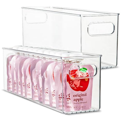 Plastic Food Storage 2 Pack Clear Container Bin with Handles for Organizing Kitchen, Pantry, Refrigerator, Freezer, Pantry, Cabinet, Closet, Bathroom. 16”x4”x5” - size: 16x4x5