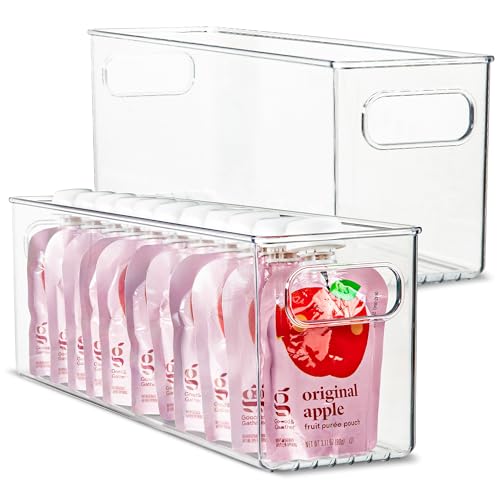 Plastic Food Storage 2 Pack Clear Container Bin with Handles for Organizing Kitchen, Pantry, Refrigerator, Freezer, Pantry, Cabinet, Closet, Bathroom. 16”x4”x5” - size: 16x4x5