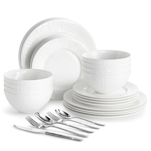 KINGSTONE 24Pc Bone China Dinnerware Set & 40Pc Flatware Combo Set for 8 - color: White-striped, size: service for 8-64pcs