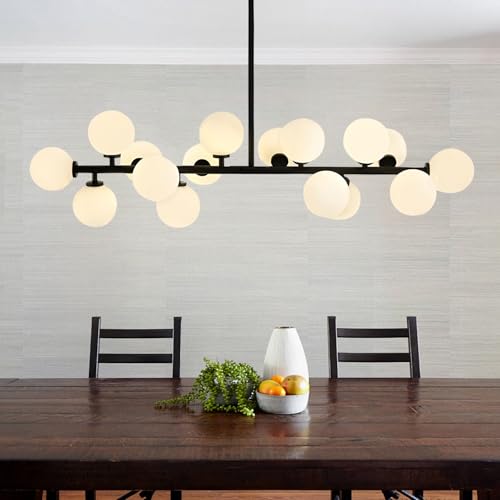 KCO Lighting Farmhouse Dining Room Chandelier Globe Linear Chandelier Black Milk Glass Chandelier 16 Light Sputnik Chandelier Mid Century Modern Hanging Pendant Light Fixture - color: 16 Light-Black