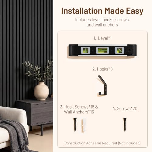 Amsleekey 4-Pack 108″x11″ Acoustic Wood Slat Wall Panels, 8 Hooks, Black - color: Black, size: 108 x 11 in - 4 pcs