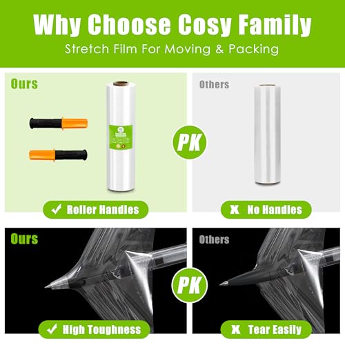 Cosy Family Plastic Wrap Stretch Film Roll - 1000ft 60 Gauge Industrial Strength 15 inch Wide Clear Plastic Wrap Roll with Handles for Pallet Wrapping Shipping Moving - Clear, Pack of 2