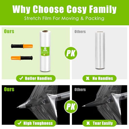 Cosy Family Plastic Wrap Stretch Film Roll - 1000ft 60 Gauge Industrial Strength 15 inch Wide Clear Plastic Wrap Roll with Handles for Pallet Wrapping Shipping Moving - Clear, Pack of 2