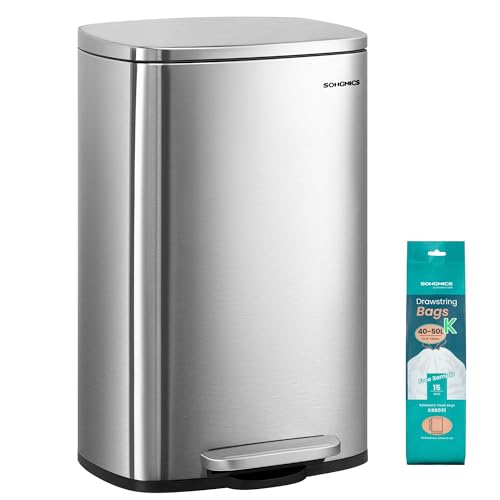 SONGMICS 13 Gallon (50 L) Trash Can, Stainless Steel, Step-On Pedal - color: Silver, size: 13 Gal.